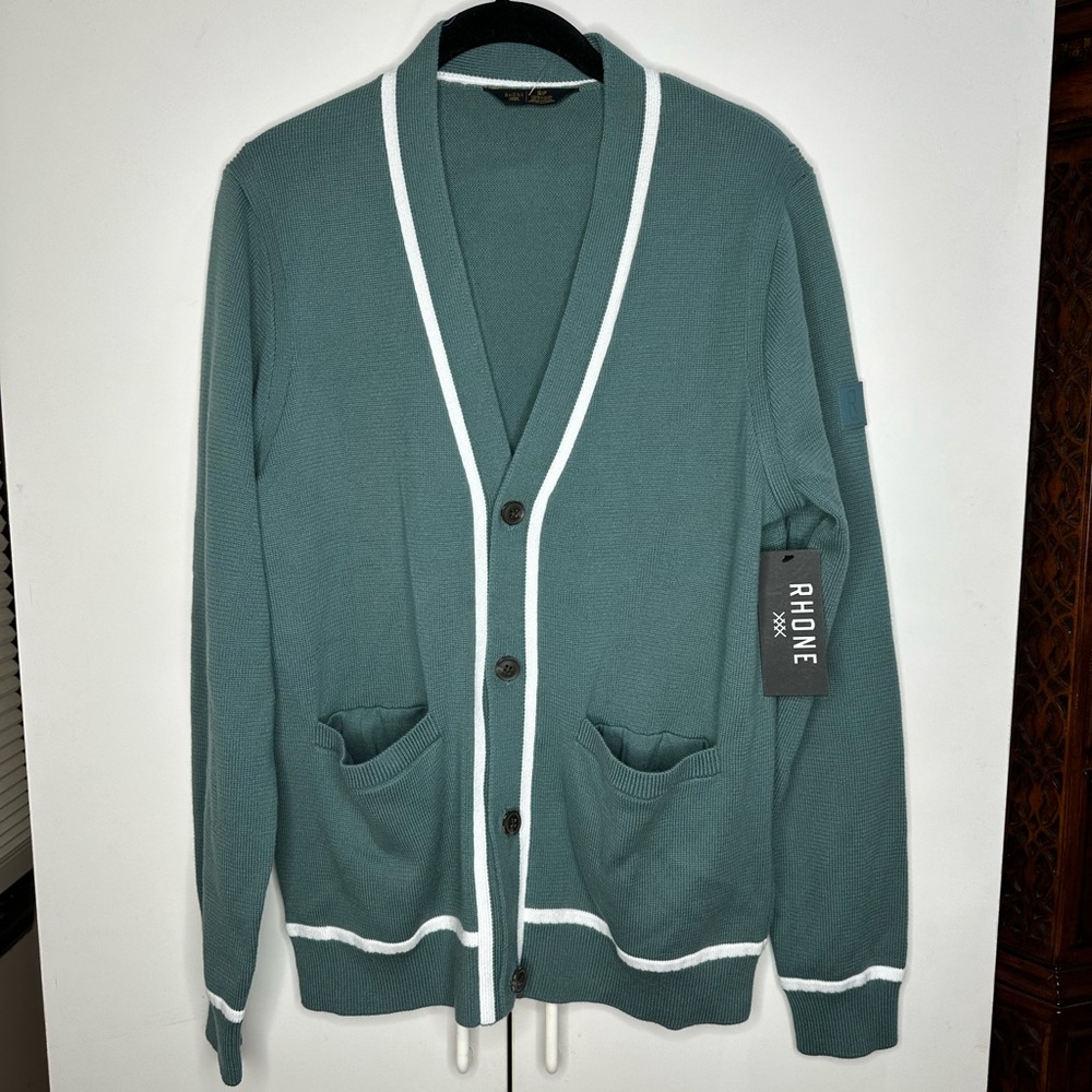 Rhone Performance Earl Golf Cardigan Tidal Green Knit Sweater Cotton Small NEW